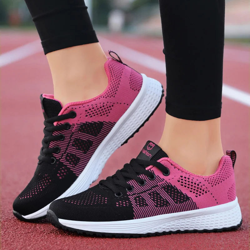 Tênis Casuais Femininos Respirável, Sapatos de Caminhada em Malha, com Cadarço, Sapatilhas Planas para Mulheres, Tênis Feminino nas Cores Rosa, Preto e Branco.