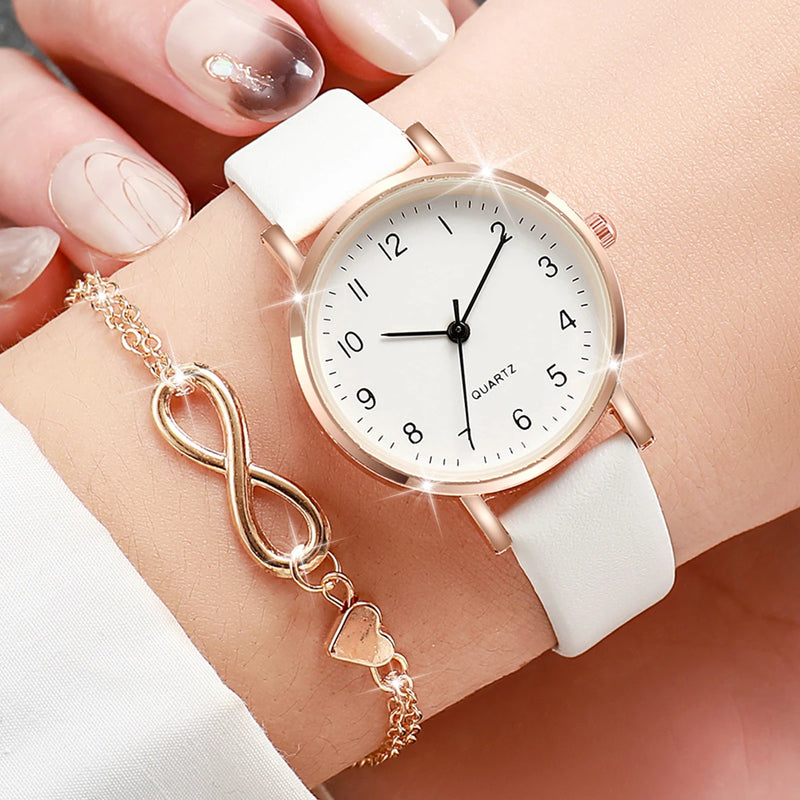 2pcs/set Women White Leather Strap Simple Quartz Watch with Love Heart Bracelet