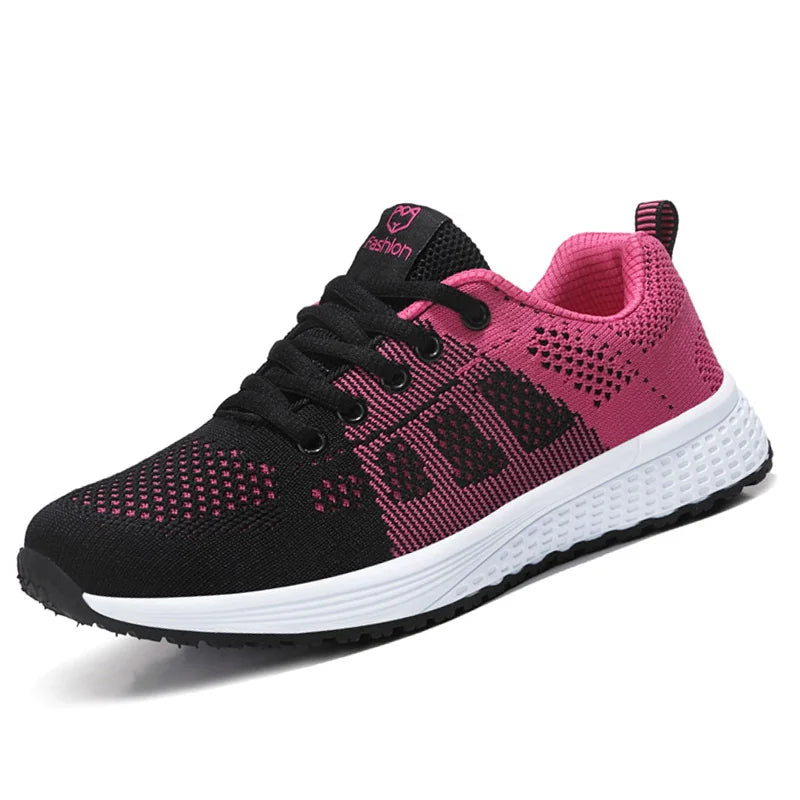 Tênis Casuais Femininos Respirável, Sapatos de Caminhada em Malha, com Cadarço, Sapatilhas Planas para Mulheres, Tênis Feminino nas Cores Rosa, Preto e Branco.