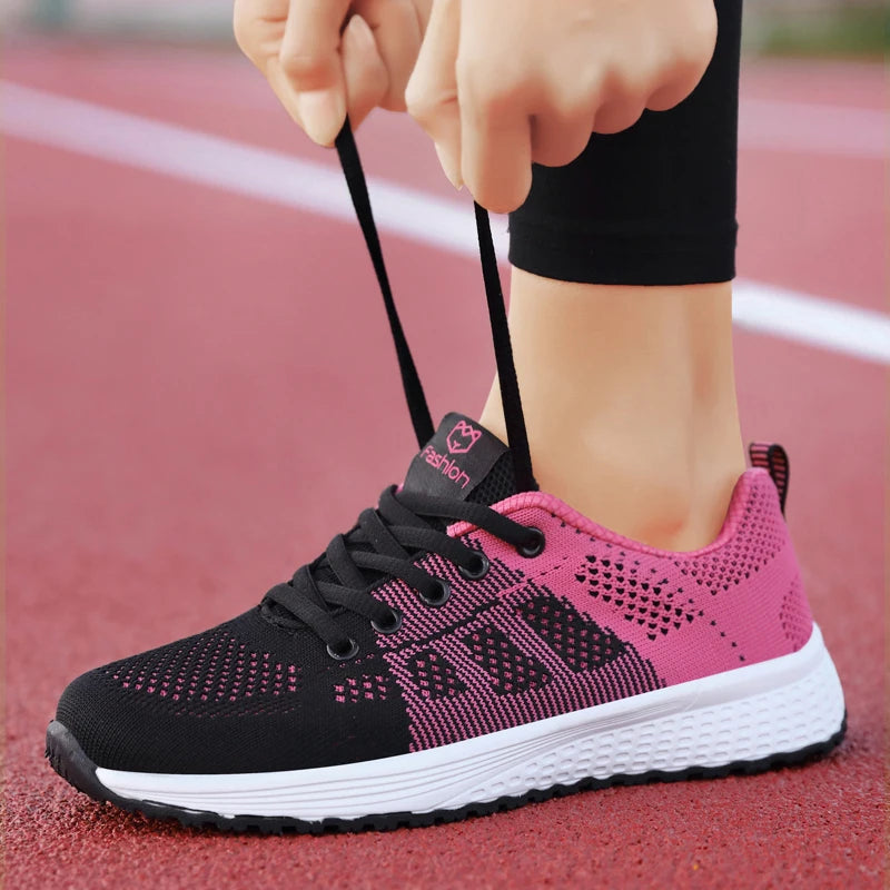 Tênis Casuais Femininos Respirável, Sapatos de Caminhada em Malha, com Cadarço, Sapatilhas Planas para Mulheres, Tênis Feminino nas Cores Rosa, Preto e Branco.