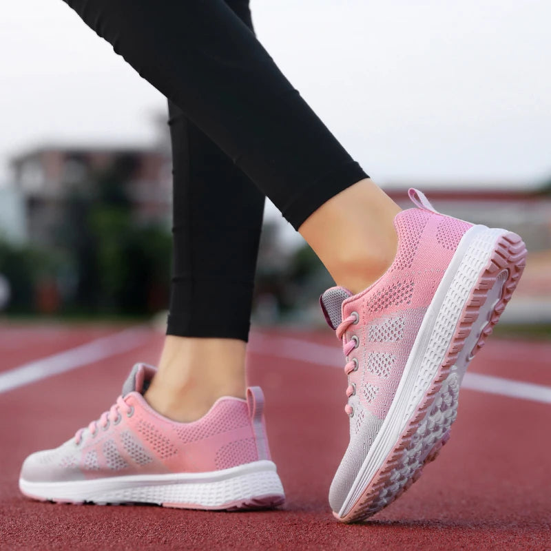 Tênis Casuais Femininos Respirável, Sapatos de Caminhada em Malha, com Cadarço, Sapatilhas Planas para Mulheres, Tênis Feminino nas Cores Rosa, Preto e Branco.